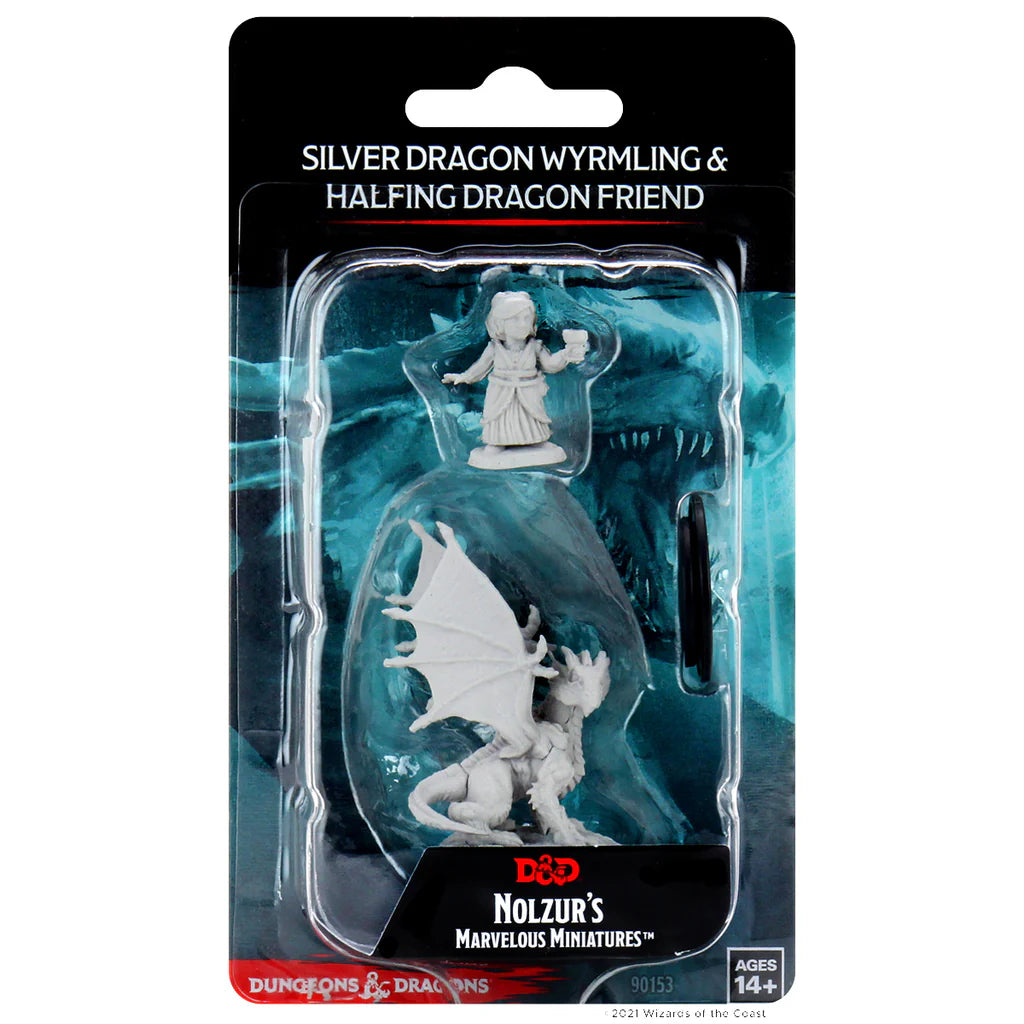 D&D Nolzur's Marvelous Miniatures: Unpainted Minis - Silver Dragon Wyrmling & Female Halfling (Wave 13)
